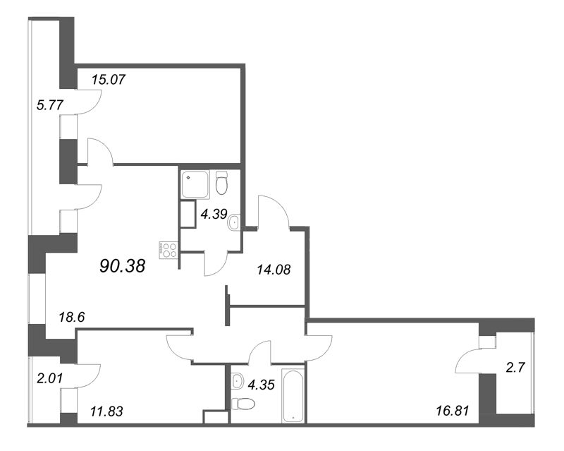 4-комнатная (Евро) квартира, 90.38 м² - планировка, фото №1