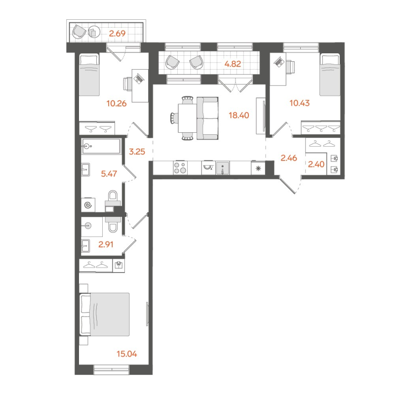 4-комнатная (Евро) квартира, 73.8 м² в ЖК "STAVNI Обводный" - планировка, фото №1