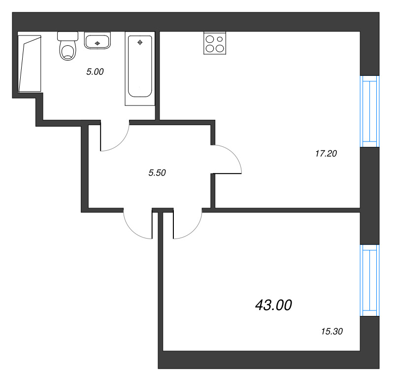 2-комнатная (Евро) квартира, 42.7 м² - планировка, фото №1