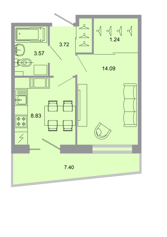 1-комнатная квартира, 32.3 м² - планировка, фото №1