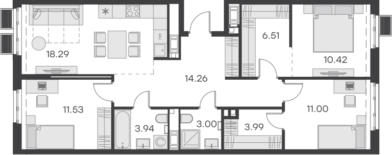 4-комнатная (Евро) квартира, 82.94 м² в ЖК "GloraX Балтийская" - планировка, фото №1