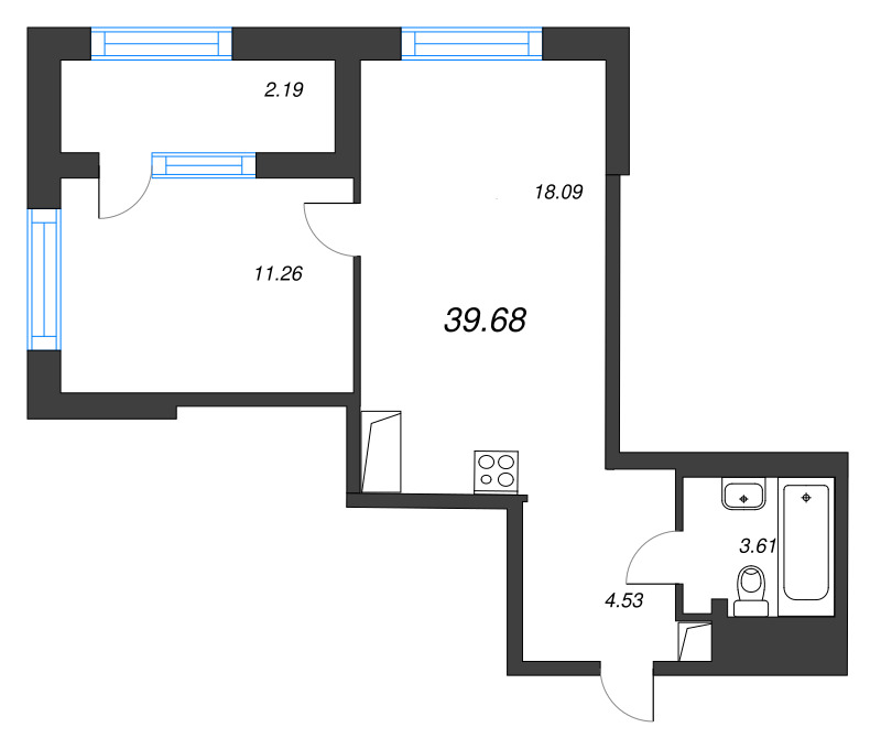 2-комнатная (Евро) квартира, 39.68 м² в ЖК "ORO by Akvilon" - планировка, фото №1