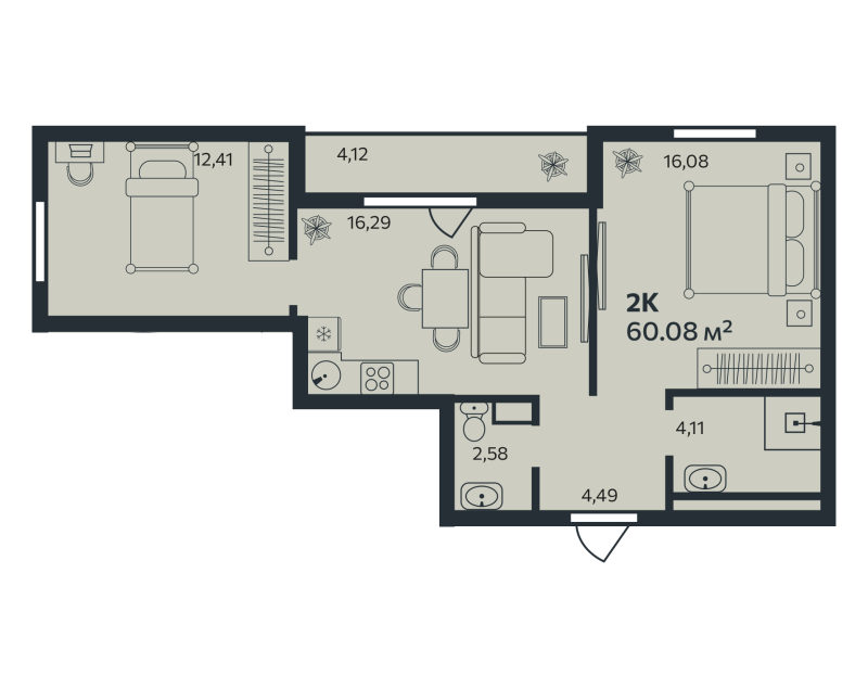 3-комнатная (Евро) квартира, 60.08 м² в ЖК "Эдельвейс.Янино" - планировка, фото №1