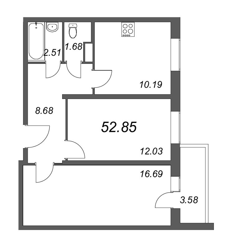 2-комнатная квартира, 52.85 м² в ЖК "Тандем" - планировка, фото №1