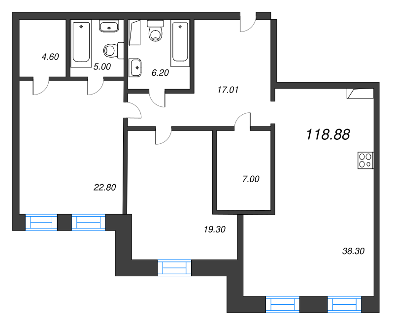 3-комнатная (Евро) квартира, 119 м² в ЖК "Манхэттэн" - планировка, фото №1