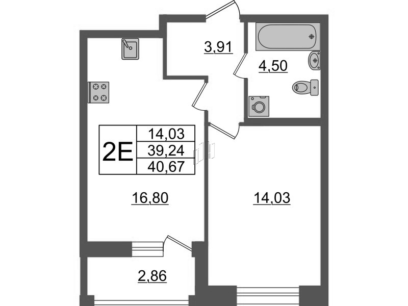 2-комнатная (Евро) квартира, 40.67 м² в ЖК "Аквилон Leaves" - планировка, фото №1