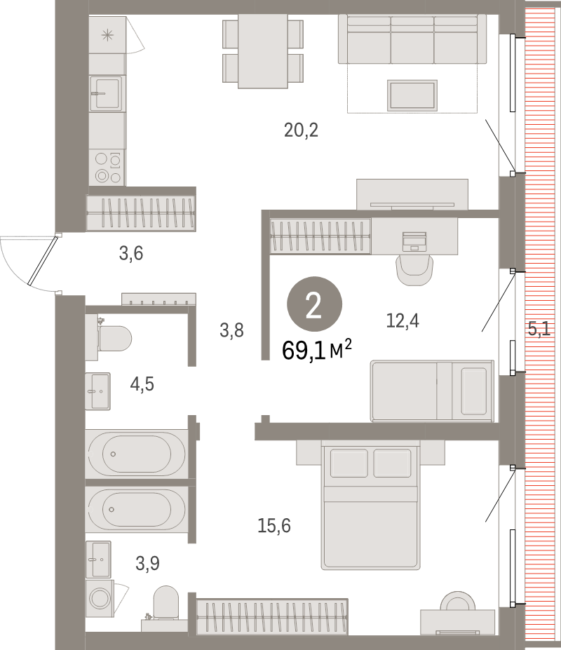 2-комнатная квартира, 69.1 м² в ЖК "Северный ветер" - планировка, фото №1