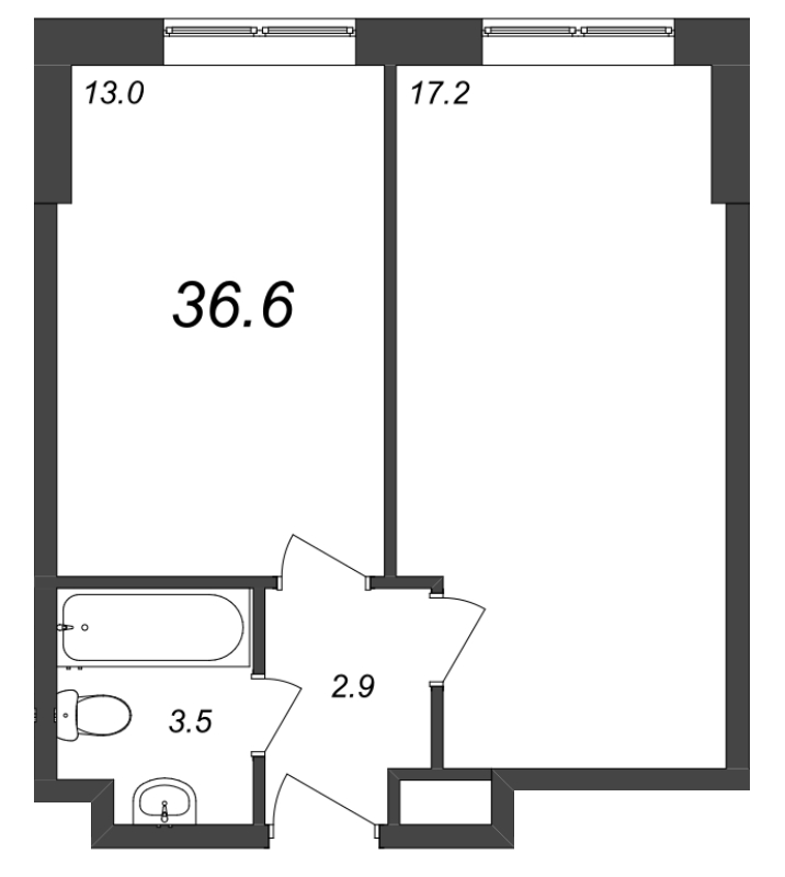 2-комнатная (Евро) квартира, 37.23 м² в ЖК "Zoom на Неве" - планировка, фото №1