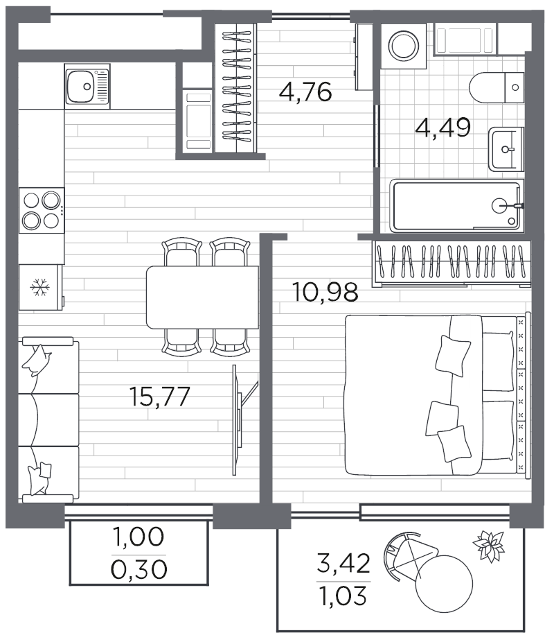 2-комнатная (Евро) квартира, 37.33 м² в ЖК "PLUS Пулковский" - планировка, фото №1