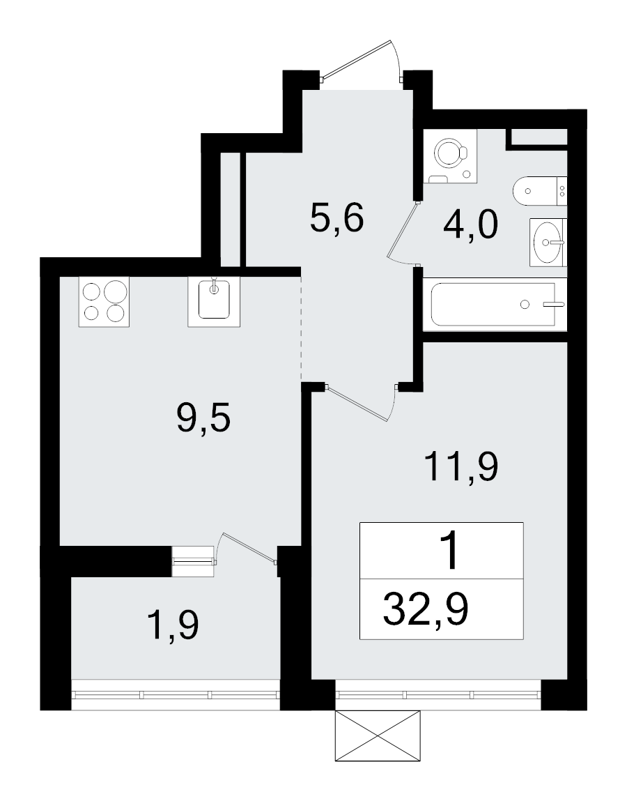 1-комнатная квартира, 33 м² - планировка, фото №1