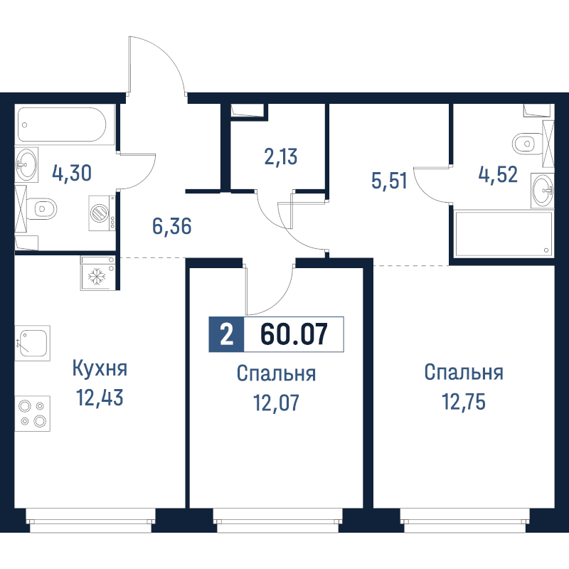 2-комнатная квартира, 60.07 м² в ЖК "Максималист" - планировка, фото №1
