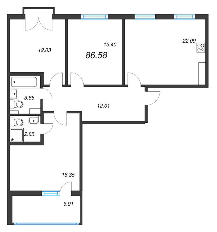 4-комнатная (Евро) квартира, 86.58 м² - планировка, фото №1