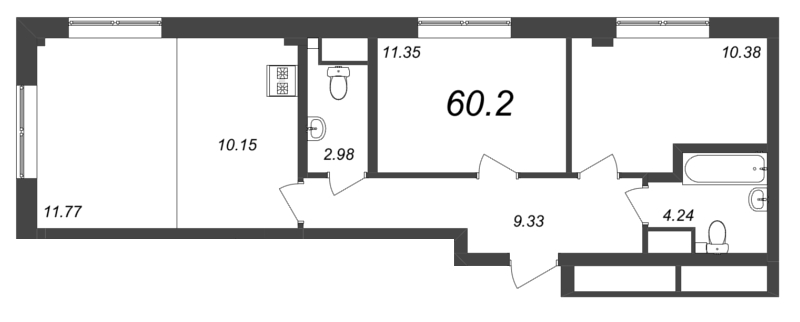 3-комнатная (Евро) квартира, 60.2 м² - планировка, фото №1