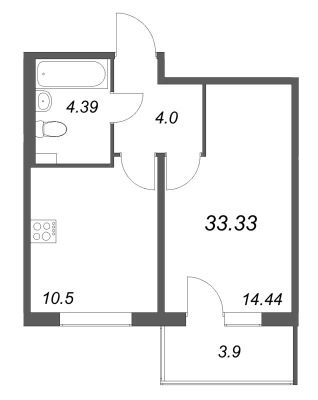 1-комнатная квартира, 33.33 м² в ЖК "Любоград" - планировка, фото №1