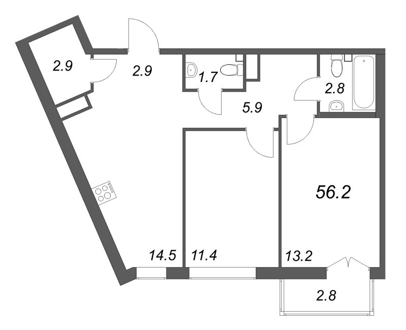 2-комнатная квартира, 56.2 м² в ЖК "Кронунг ЮГ" - планировка, фото №1