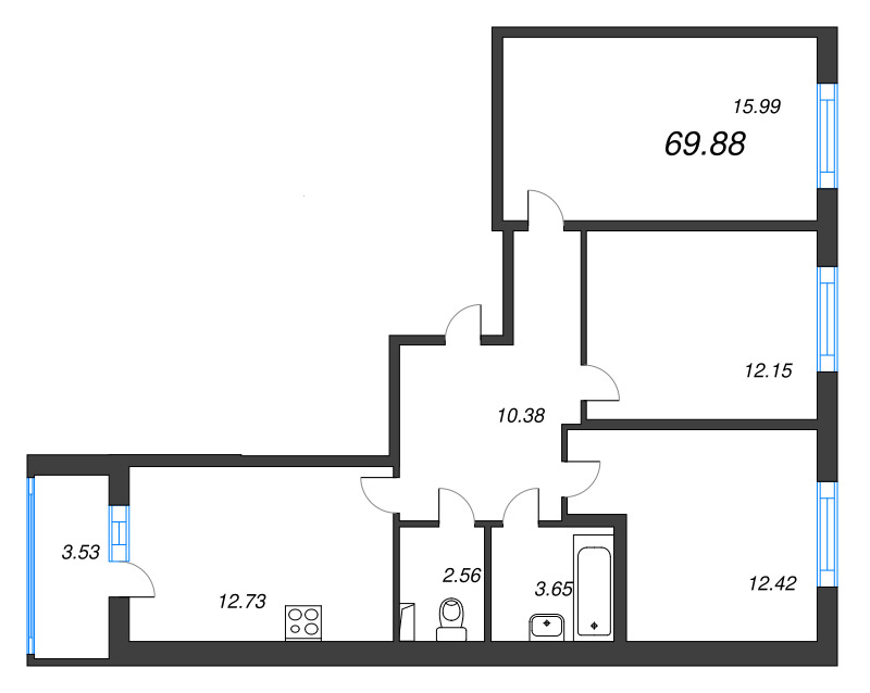 3-комнатная квартира, 69.88 м² в ЖК "Любоград" - планировка, фото №1