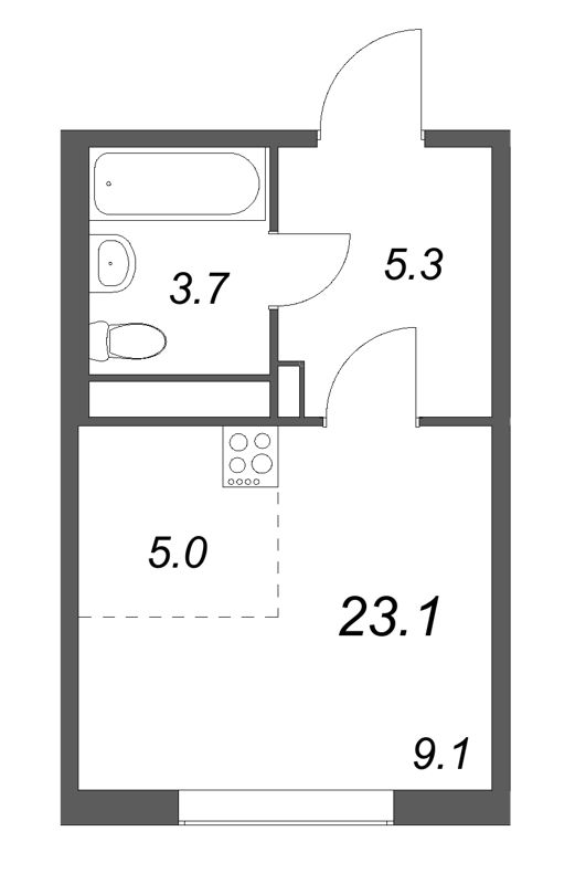 Квартира-студия, 23.1 м² - планировка, фото №1