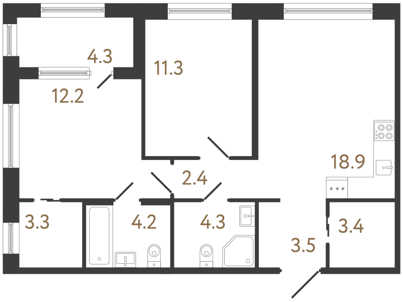 3-комнатная (Евро) квартира, 63.5 м² в ЖК "Передвижники 2" - планировка, фото №1