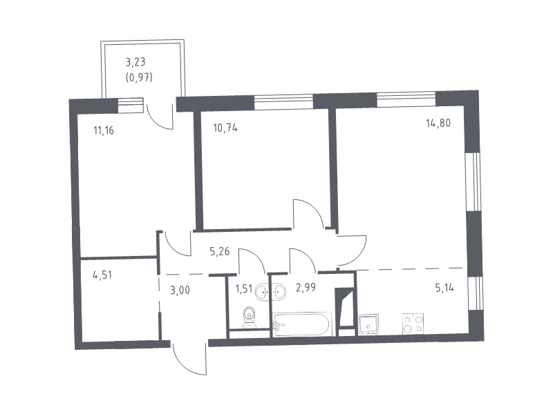 3-комнатная (Евро) квартира, 60.08 м² в ЖК "Квартал Лаголово" - планировка, фото №1