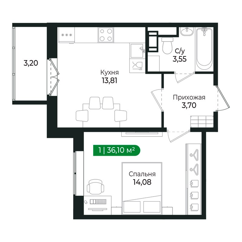 1-комнатная квартира, 35 м² в ЖК "Сертолово Парк" - планировка, фото №1