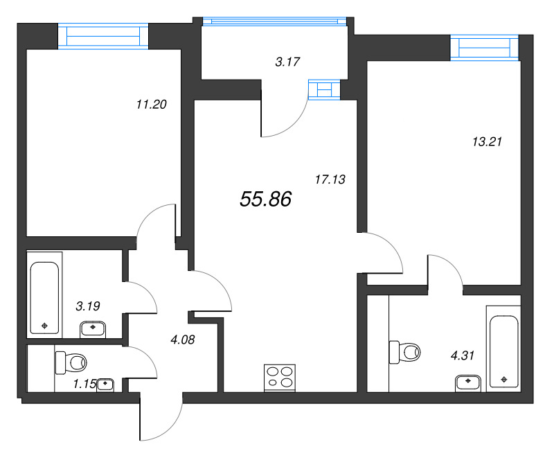 3-комнатная (Евро) квартира, 55.86 м² в ЖК "Искра-Сити" - планировка, фото №1