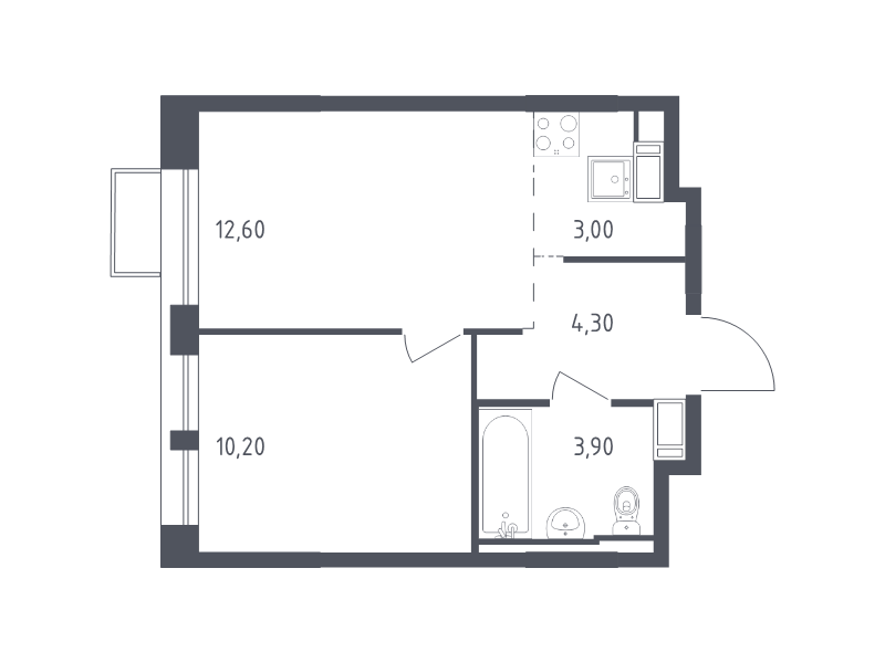 2-комнатная (Евро) квартира, 34 м² - планировка, фото №1
