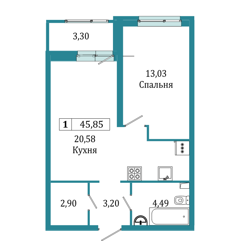 2-комнатная (Евро) квартира, 45.85 м² в ЖК "Графика" - планировка, фото №1