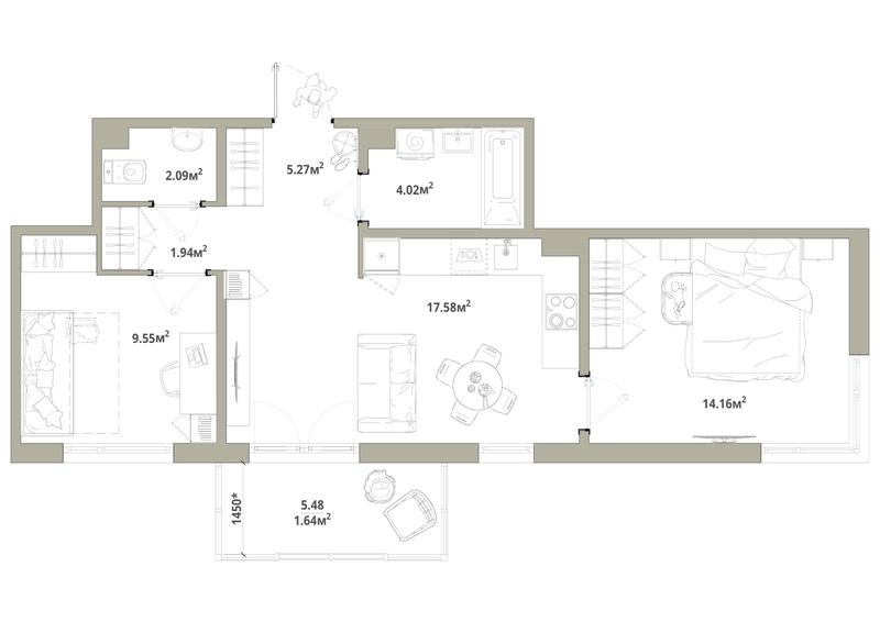 3-комнатная (Евро) квартира, 56.25 м² в ЖК "Тишин" - планировка, фото №1