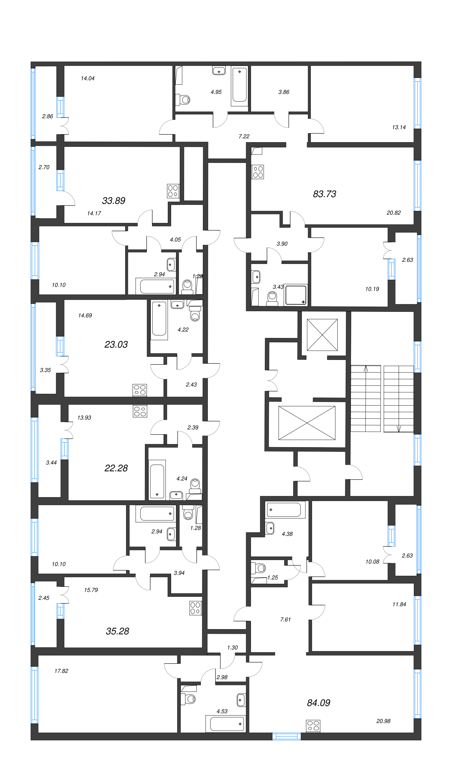 4-комнатная (Евро) квартира, 83.73 м² - планировка этажа