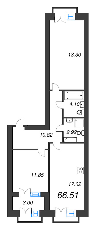 3-комнатная (Евро) квартира, 71.5 м² в ЖК "Наука" - планировка, фото №1
