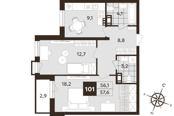 2-комнатная квартира, 56.1 м² в ЖК "Дом на Бронницкой" - планировка, фото №1