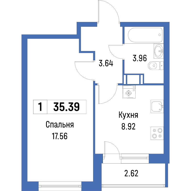 1-комнатная квартира, 35.39 м² в ЖК "Урбанист" - планировка, фото №1