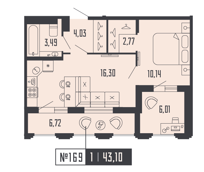 2-комнатная (Евро) квартира, 43.1 м² в ЖК "Shepilevskiy" - планировка, фото №1