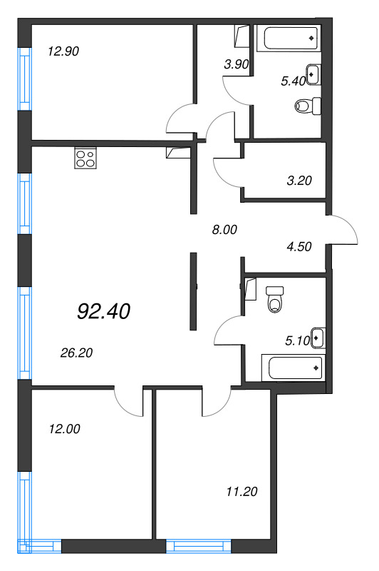 4-комнатная (Евро) квартира, 92.4 м² в ЖК "Струны" - планировка, фото №1