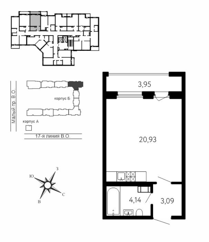 Квартира-студия, 29.35 м² в ЖК "17-я линия" - планировка, фото №1