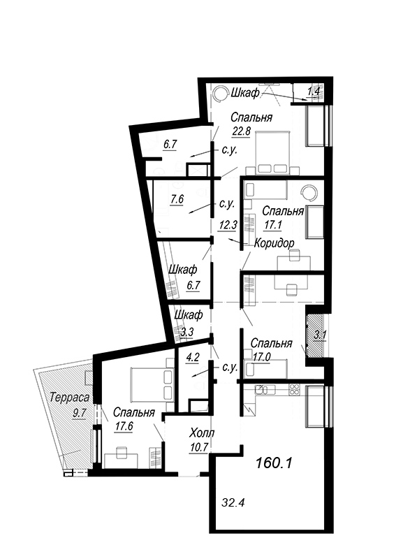 5-комнатная (Евро) квартира, 160.27 м² - планировка, фото №1
