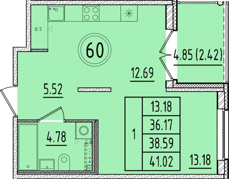 1-комнатная квартира, 36.17 м² - планировка, фото №1