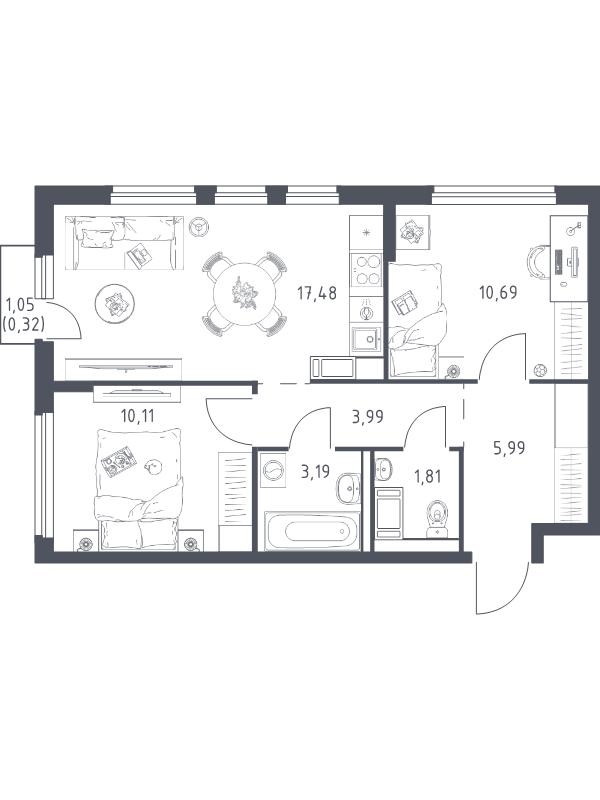 3-комнатная (Евро) квартира, 53.58 м² в ЖК "Новое Колпино" - планировка, фото №1
