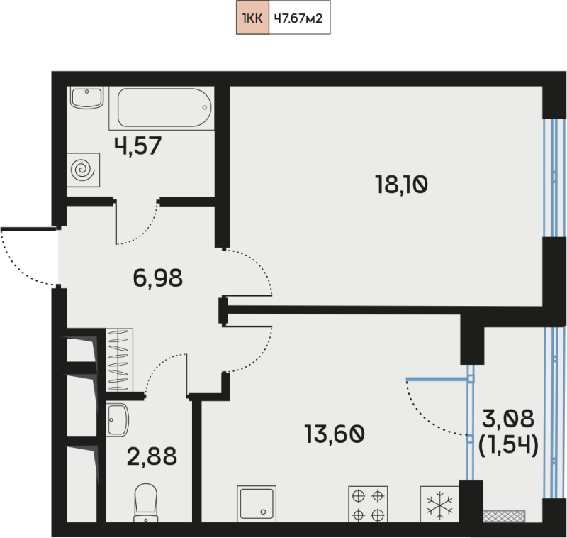 1-комнатная квартира, 47.67 м² в ЖК "Дом Регенбоген" - планировка, фото №1