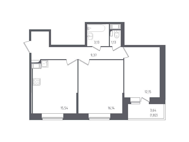 2-комнатная квартира, 59.28 м² - планировка, фото №1