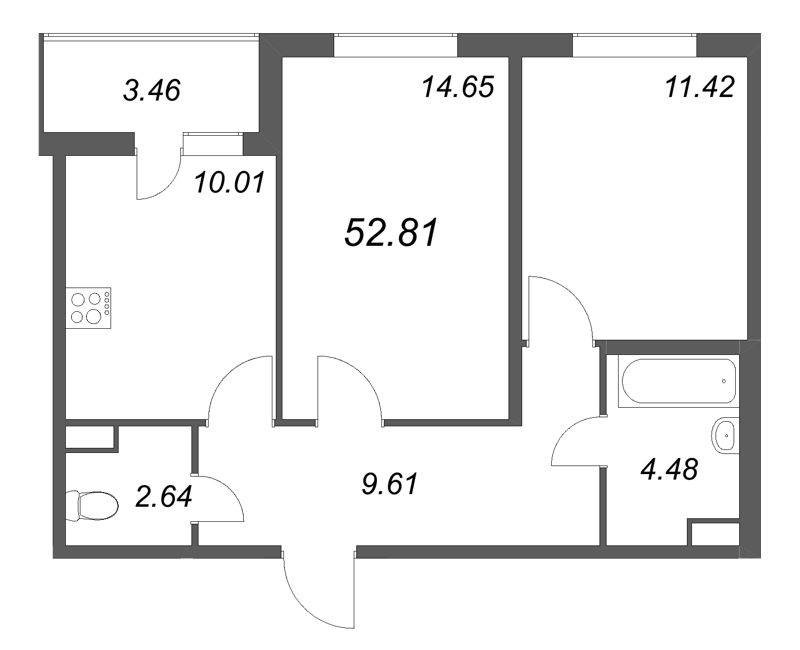 2-комнатная квартира, 52.81 м² - планировка, фото №1