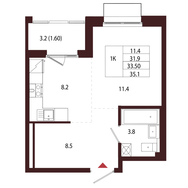 1-комнатная квартира, 33.5 м² в ЖК "Лисино" - планировка, фото №1