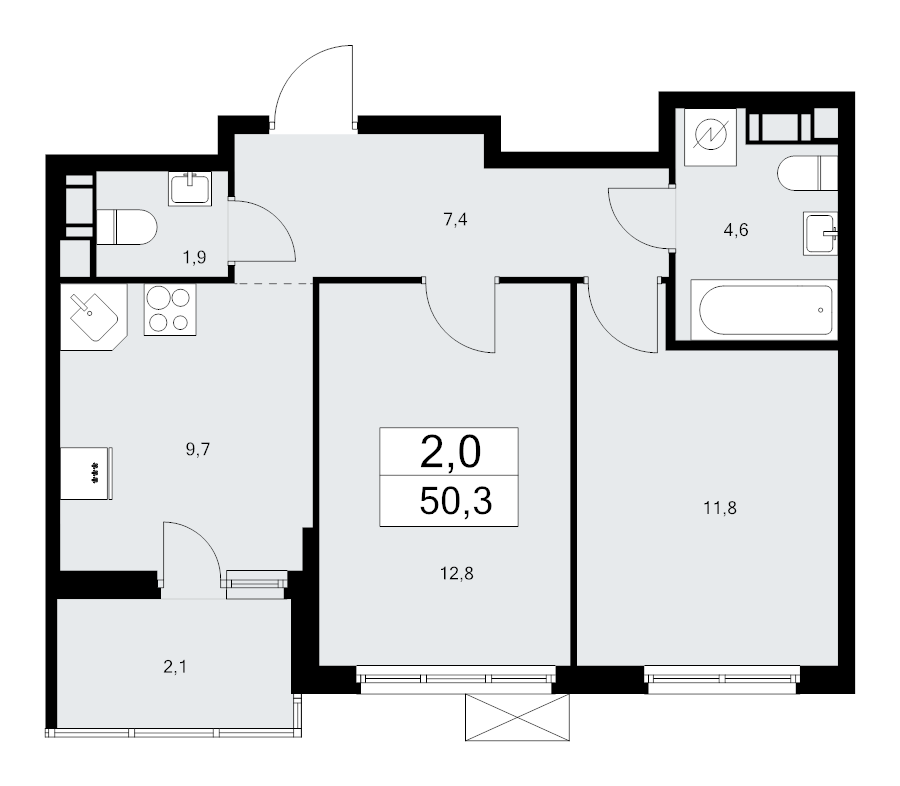 2-комнатная квартира, 50.3 м² в ЖК "А101 Лаголово" - планировка, фото №1