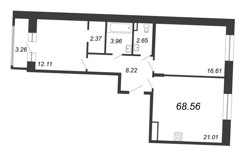 3-комнатная (Евро) квартира, 68.56 м² в ЖК "Ariosto" - планировка, фото №1