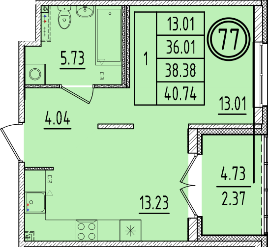 1-комнатная квартира, 36.01 м² в ЖК "Образцовый квартал 6.4" - планировка, фото №1