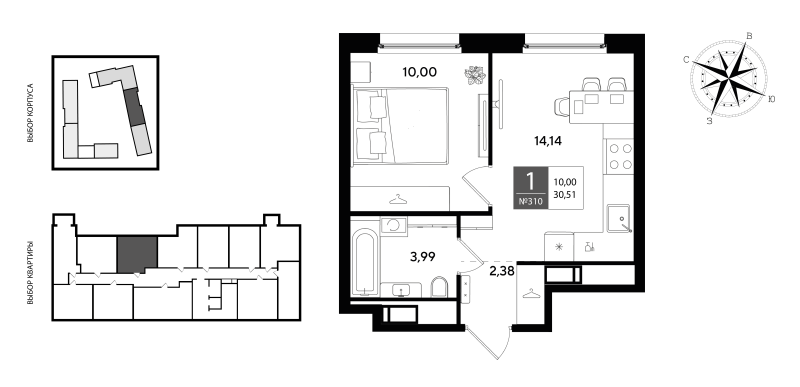 1-комнатная квартира, 30.51 м² в ЖК "Догма Юкки 2" - планировка, фото №1