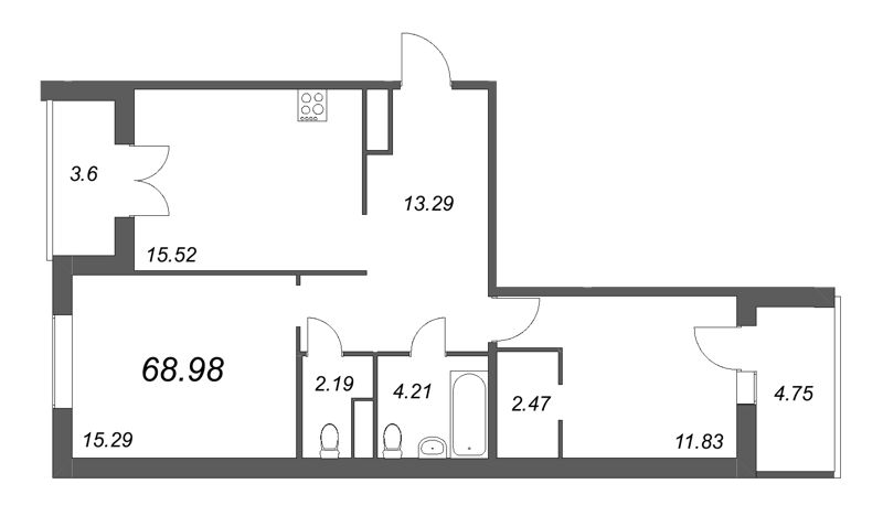 3-комнатная (Евро) квартира, 69.64 м² - планировка, фото №1