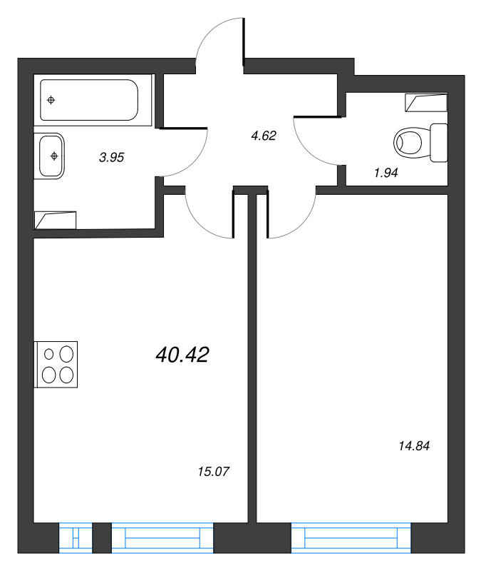 1-комнатная квартира, 40.42 м² - планировка, фото №1
