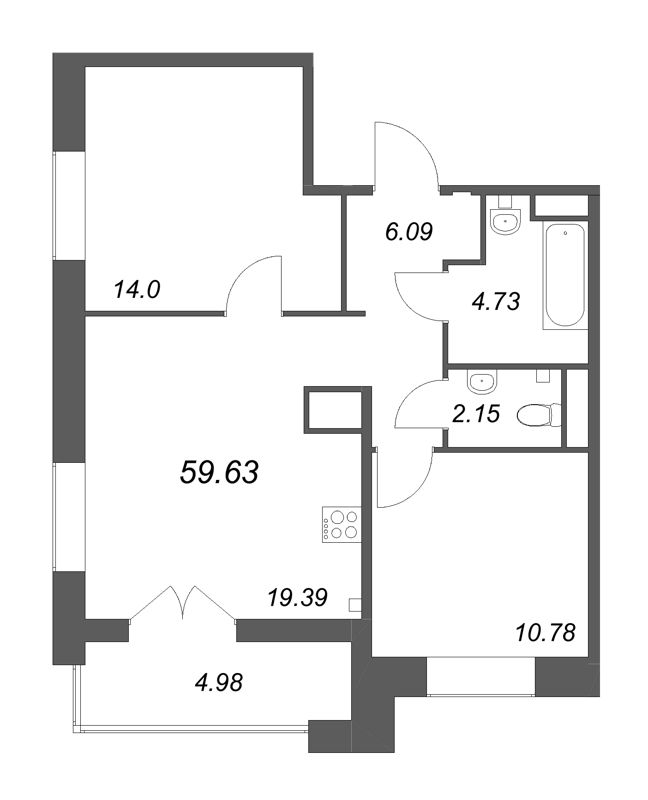 3-комнатная (Евро) квартира, 59.63 м² в ЖК "Ranta Residence" - планировка, фото №1