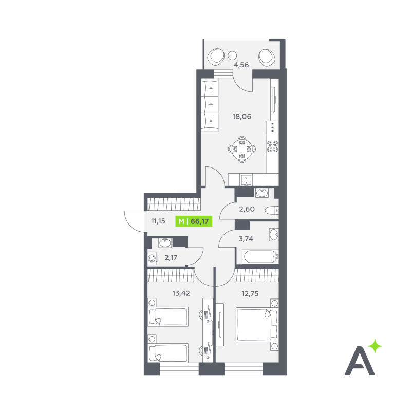 3-комнатная (Евро) квартира, 66.17 м² в ЖК "Аквилон РекаПарк" - планировка, фото №1